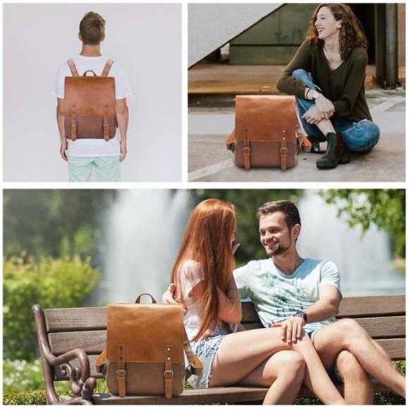 Vegan Leather Backpack Vintage Laptop Bookbag for Women Men, Brown Faux Leather main image 2
